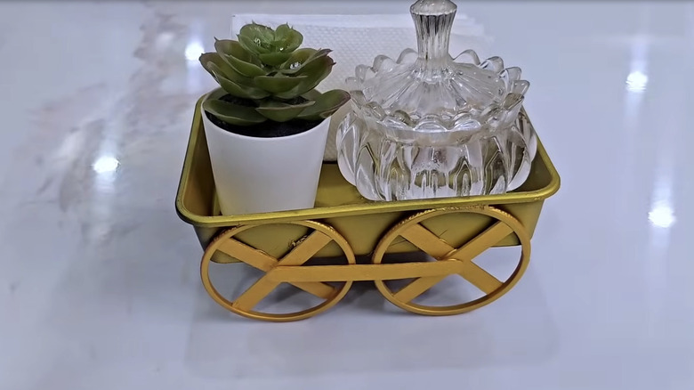 Small wheeled DIY countertop tray with a metallic gold color