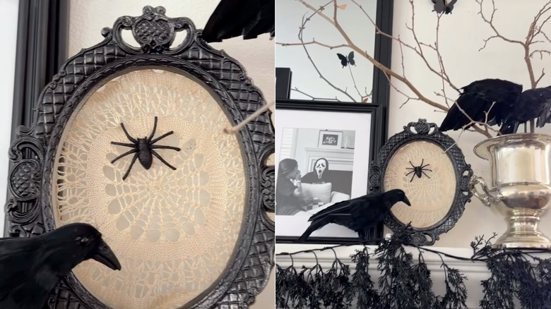 finished DIY framed doily spiderweb