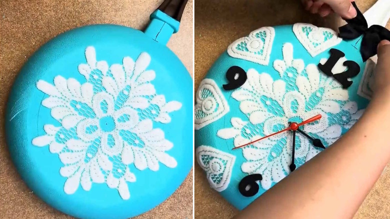 Frying pan turned into clock using doilies
