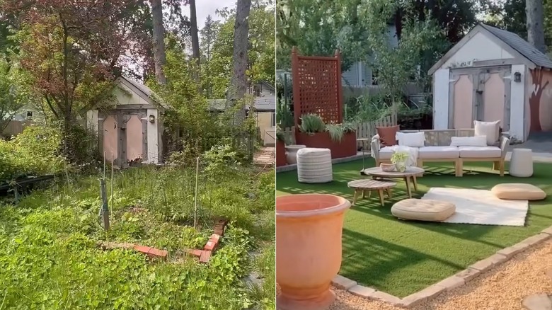 Before and after pictures of Cara Newhart's DIY artificial turf backyard are shown side-by-side
