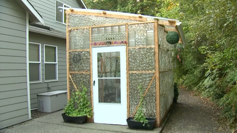 A greenhouse made of upcycled glass jars sits on a slab next to a gray house