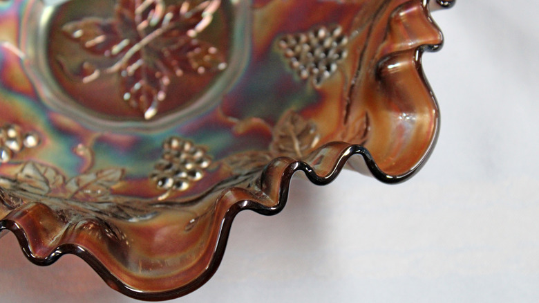 Close up of iridescence on a Carnival glass bowl