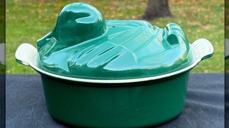 Vintage hunter green duck terrine from Le Creuset