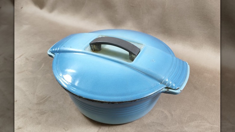 An electric blue Le Creuset Dutch oven in the Futura line.