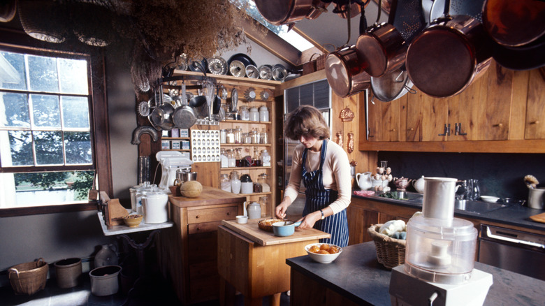 Martha Stewart in her original Turkey Hill wood-centric kitchen in the 1970s.
