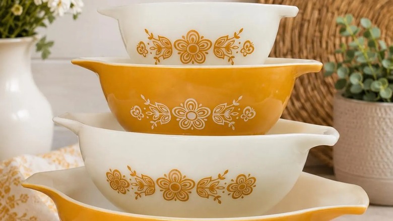 Stacked Pyrex Cinderella bowls with the Butterfly Gold pattern