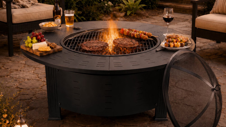 Drinks and snacks sit on the edge of a patio fire pit