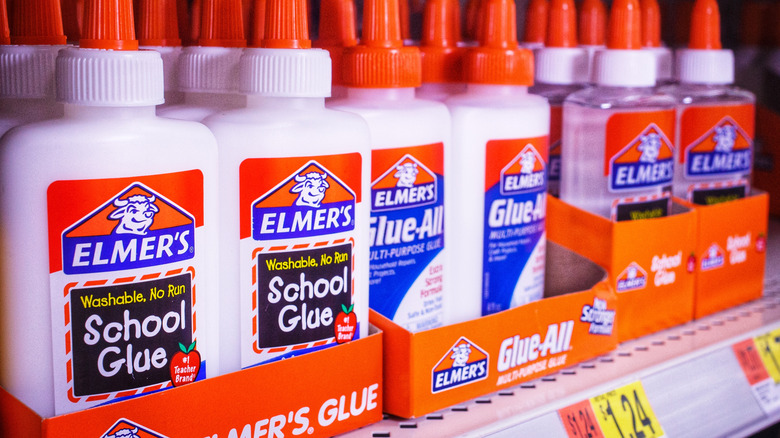 A store shelf filled with Elmer's glue.