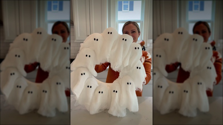 A ghost wreath made with cotton gauze and a foam wreath form