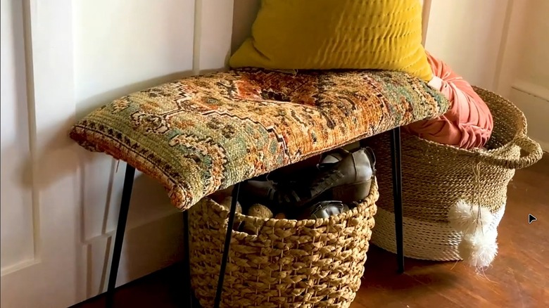 A DIY bench made with vintage-style carpet