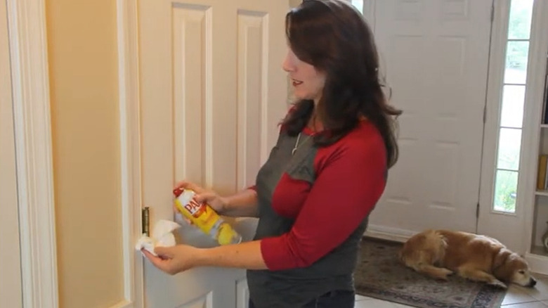 Lubricating door hinge with Pam cooking spray