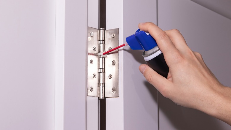 Person spraying a squeaky hinge with an unidentified product.