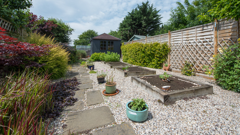 back yard with gravel area featuring raised garden beds