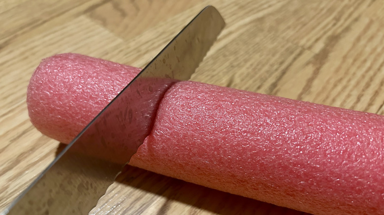 Cutting a pool noodle with a bread knife