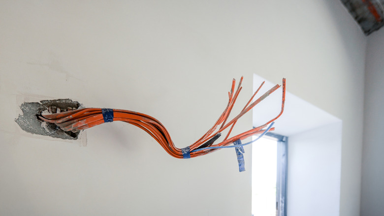 A cluster of orange wires extending from a wall.