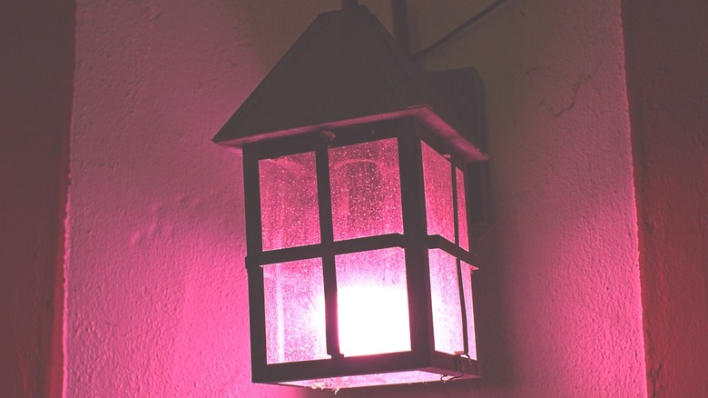 A lit, pink outdoor lantern installed against the side of a house