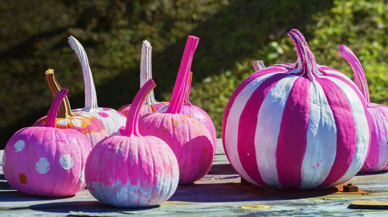 Pumpkins painted pink sitting outside