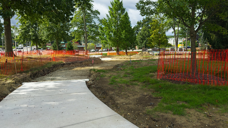 Orange construction fence around trees in park