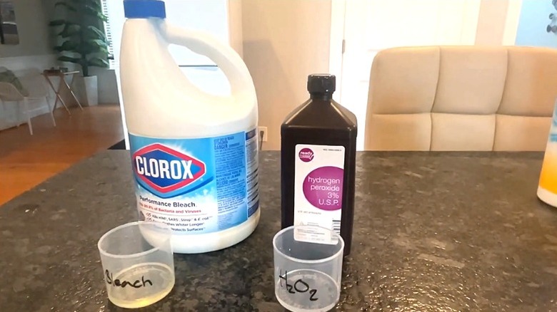 A bottle of Clorox bleach next to hydrogen peroxide on a counter