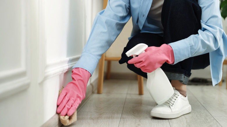 A person with gloved hands and a spray bottle wiping a towel against a wall