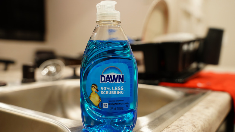 A bottle of Dawn blue dish soap on the edge of a kitchen sink