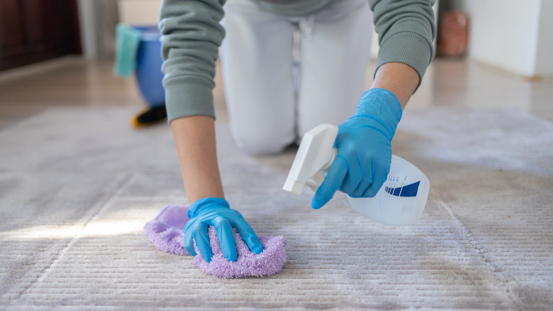 A person wearing blue gloves cleaning a surface holding a spray bottle