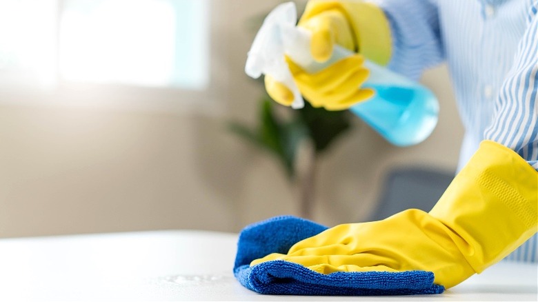 Person spraying cleaning solution on counter