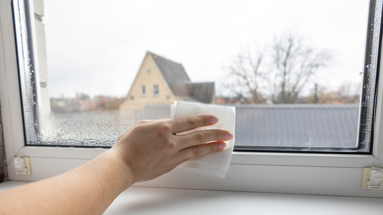 Woman using a napkin to wipe condensation from a window