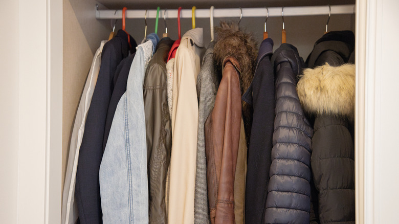 Coats and jackets in a coat closet