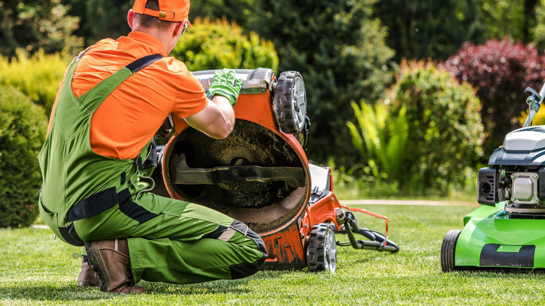 A lawn care technician kneels and checks a lawn mower in a garden during the day