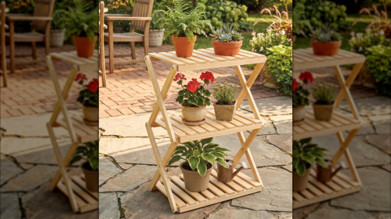 Belavi 3-Tier Wooden Plant Stand on patio