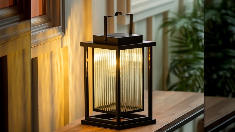 A black metal lantern with glass panels on wooden bench outdoors