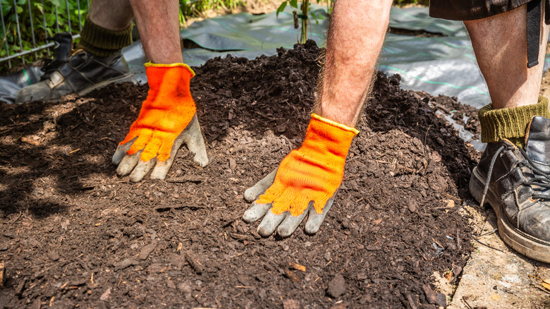 person pushing down a large pile of mulch
