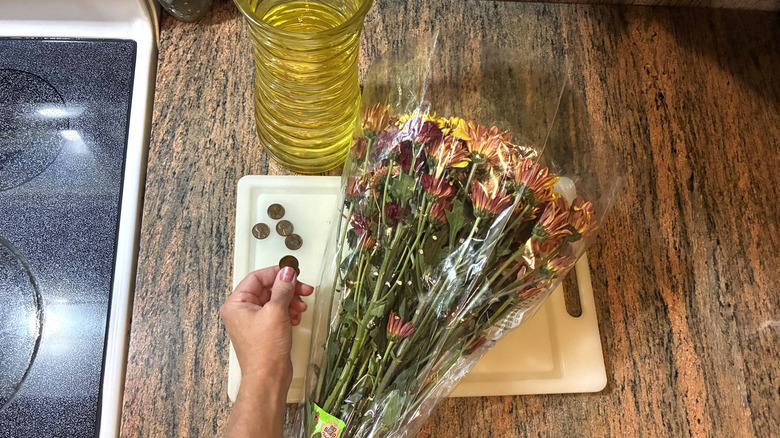 Person performing penny trick to keep flowers fresher