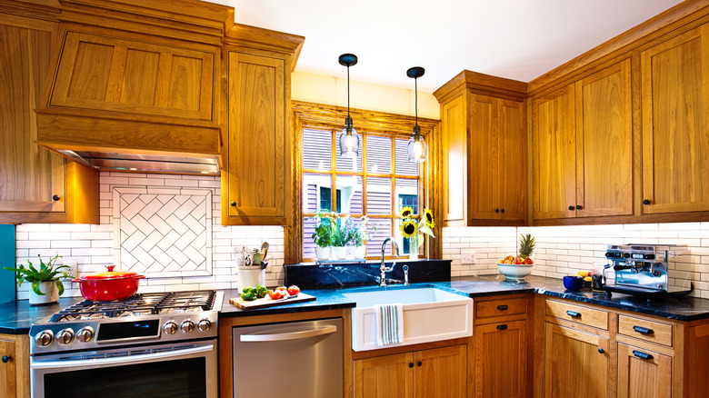 Bright kitchen with golden oak cabinets