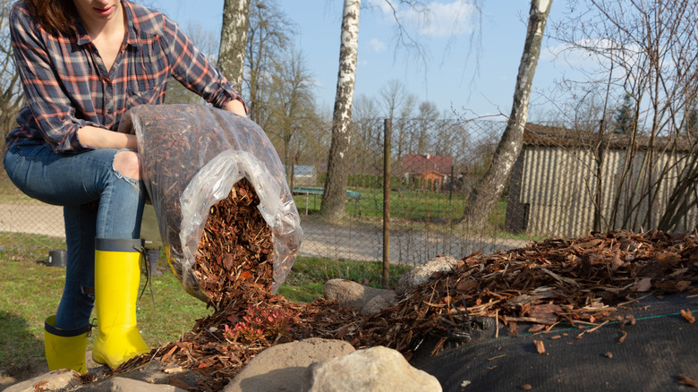 A woman pouring mulch in a garden