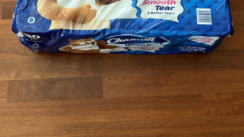 plastic-wrapped pack of Charmin ultra soft toilet paper