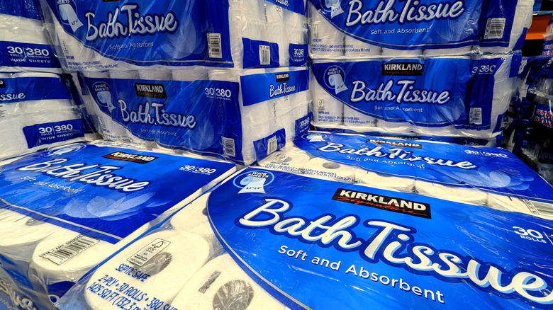 kirkland signature bath tissue stacks close up
