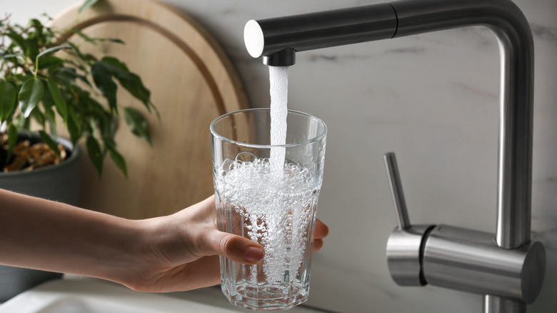 A hand holds a clear glass, filling it with tap water from a metal sink.