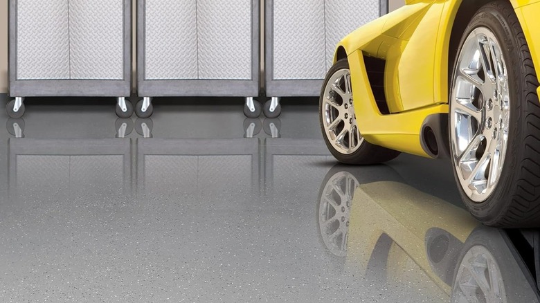 Concrete garage floor coated with Rust-Oleum Epoxy Shield