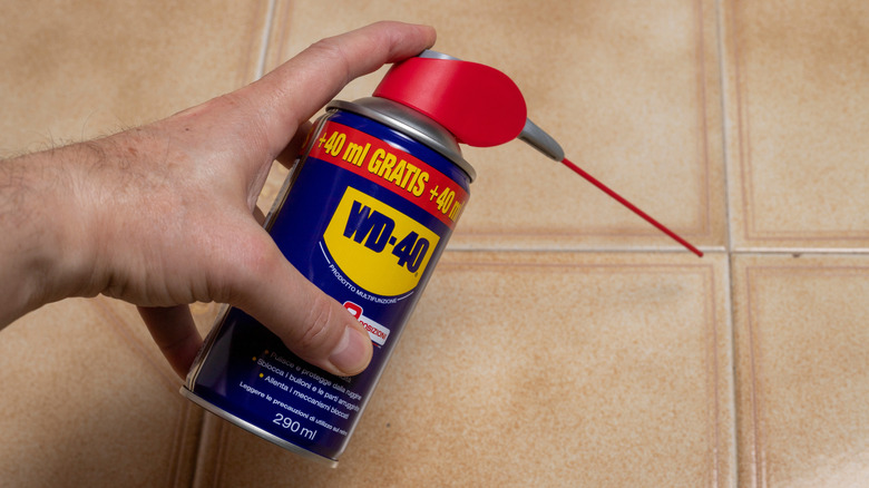 A person sprays WD-40 along a tile floor