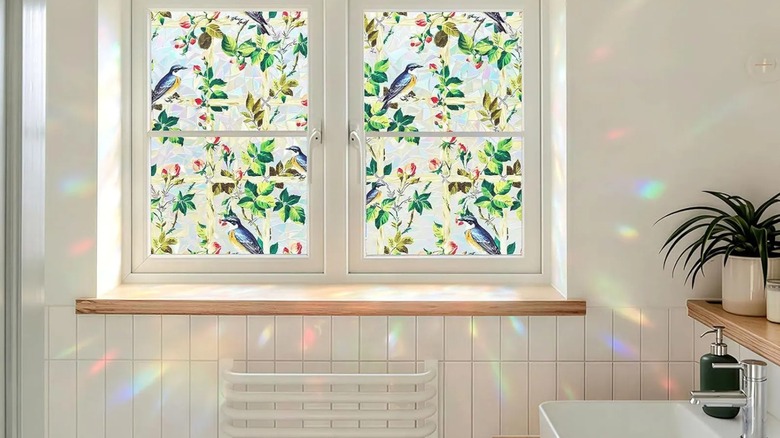 Decorative window film on a bathroom window