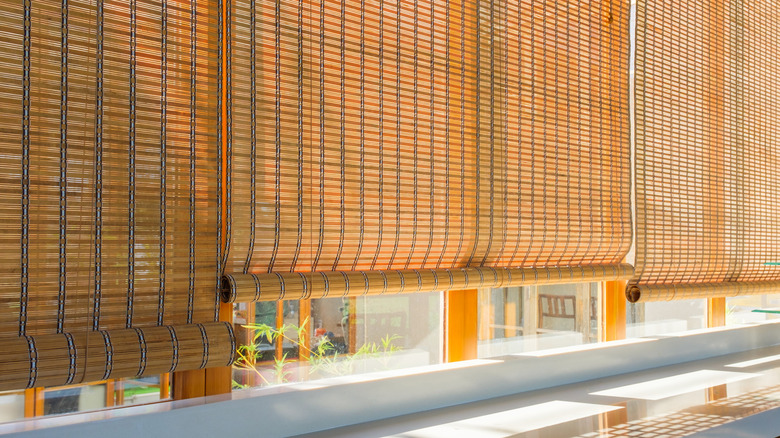 Bamboo roller shades installed across a wall of windows