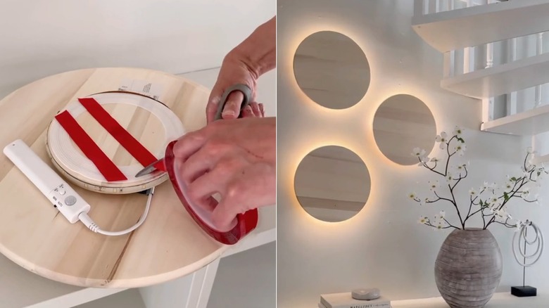 A split view of a person assembling wall sconces and three wall sconces hanging on the wall