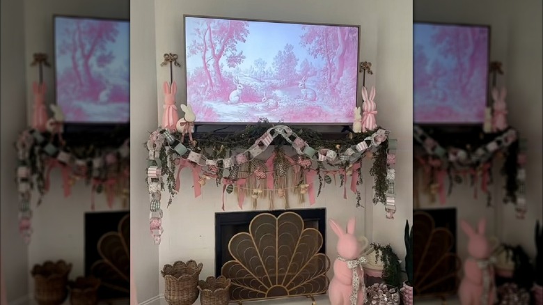Spring ribbon chain decor hung on fireplace
