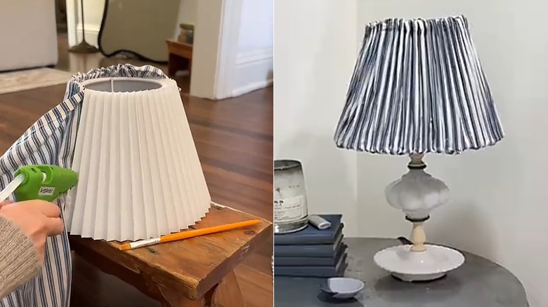 Woman using shower curtain to make farmhouse patterned lampshade