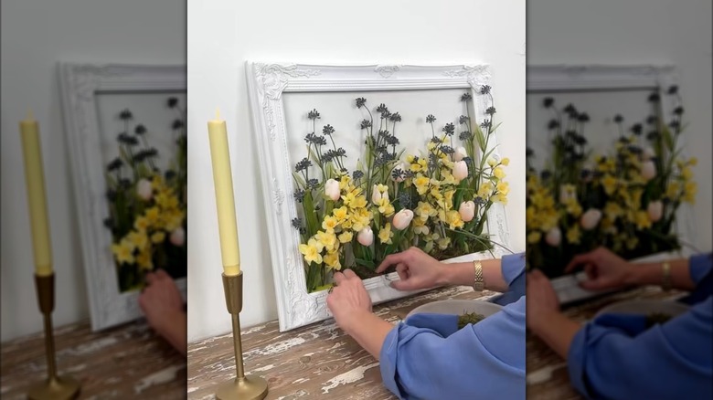 Woman making DIY 3D floral art piece using pool noodle