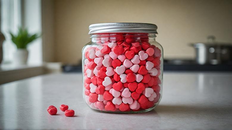 pink and red candy hearts sit in a jar
