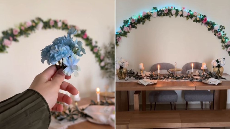 Woman crafting DIY flower arch for accent wall