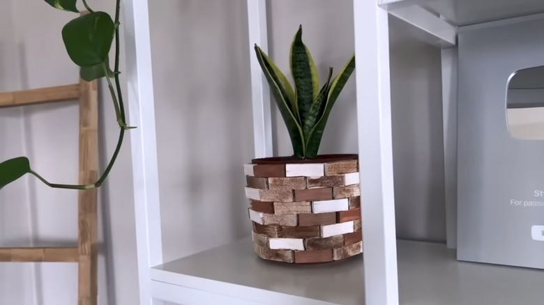 DIY wood block planter on bookshelf